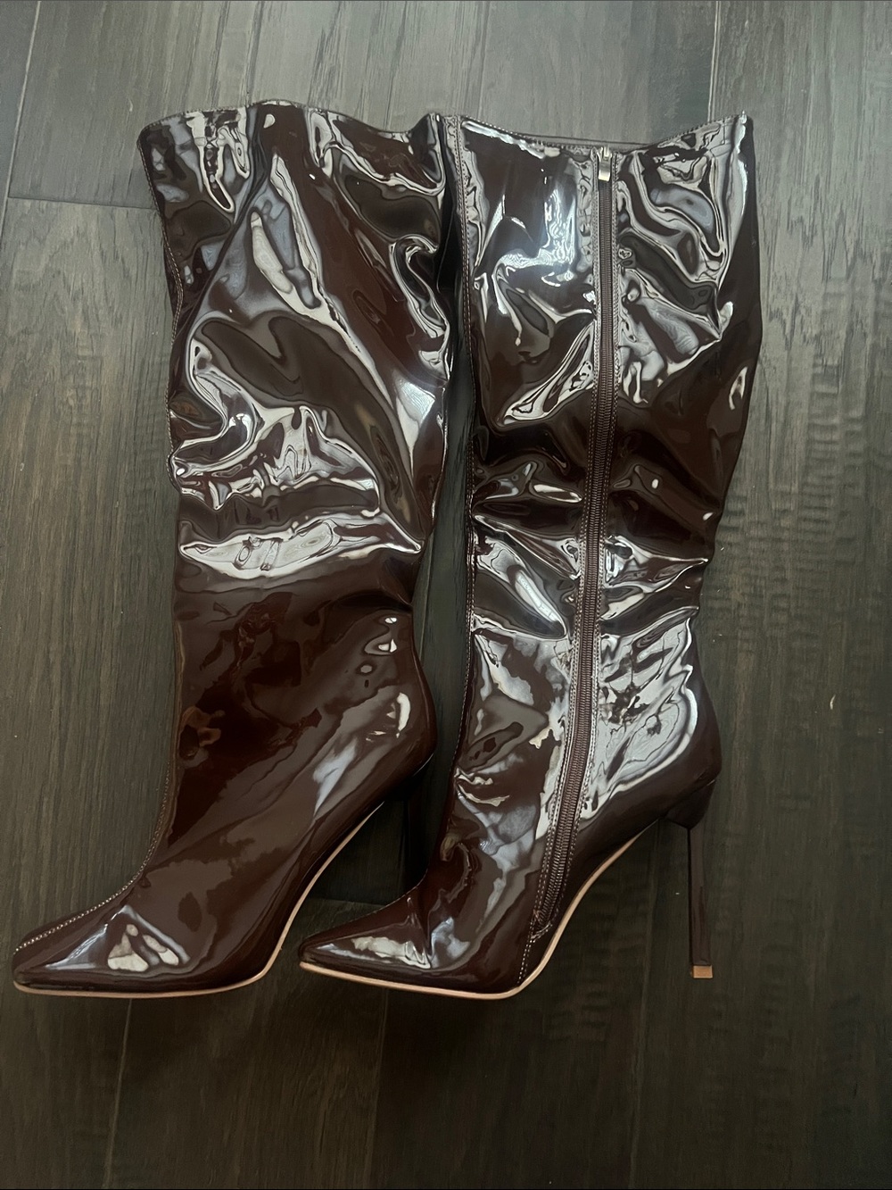 Fashion Nova Glossy Dark Brown Knee-High Stiletto Boots